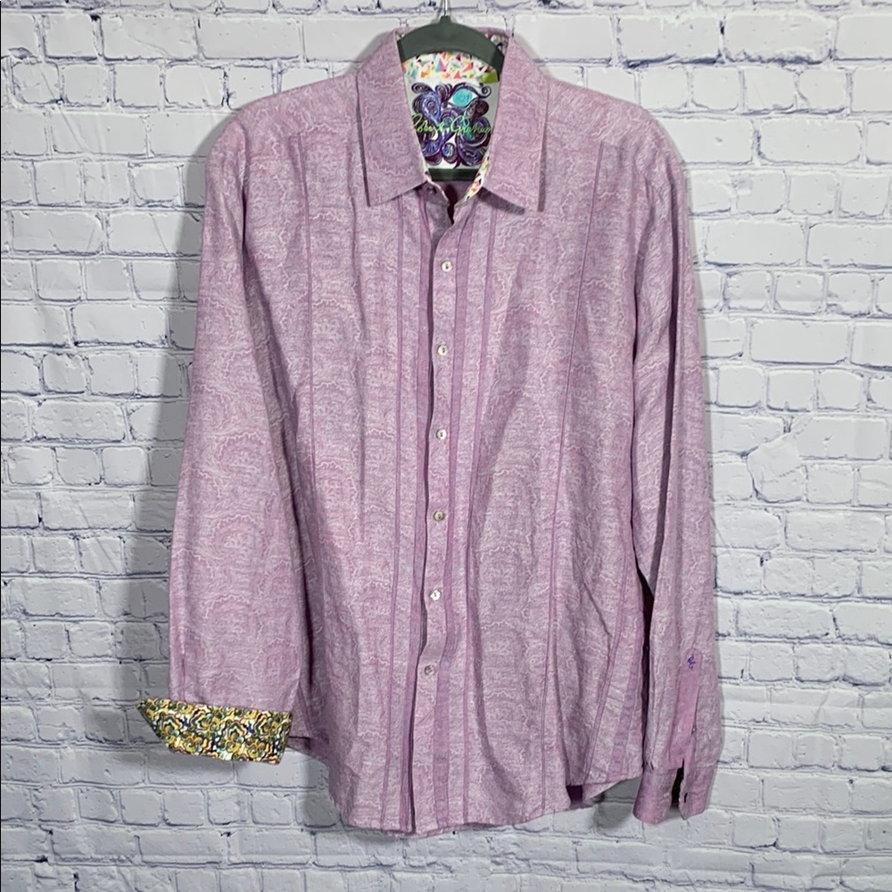 Robert Graham Mens Classic Fit Linen Blend Subtle Paisley Flip Cuff Purple Sz XL